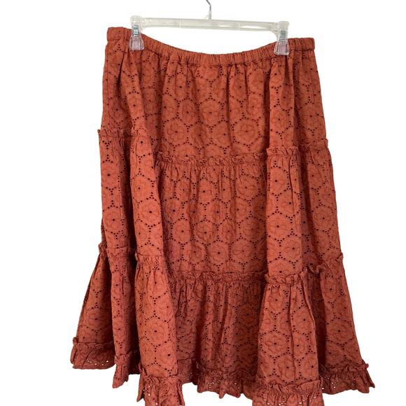 Roller Rabbit Eyelet Floral Peasant Skirt Boho Button Clementine Terracotta Sz M - Picture 2 of 8